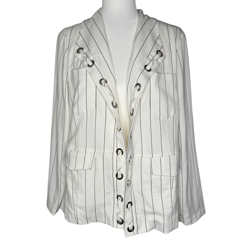 Chicos Blazer Jacket Medium 8/10 Pinstripe‎ Laced Grommet Career Office Neutral
